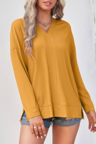 Solid Drop Shoulder V Neck Split Long Sleeve Blous - Wear Arielle