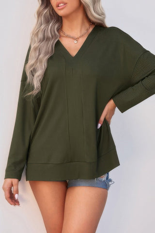 Solid Drop Shoulder V Neck Split Long Sleeve Blous - Wear Arielle