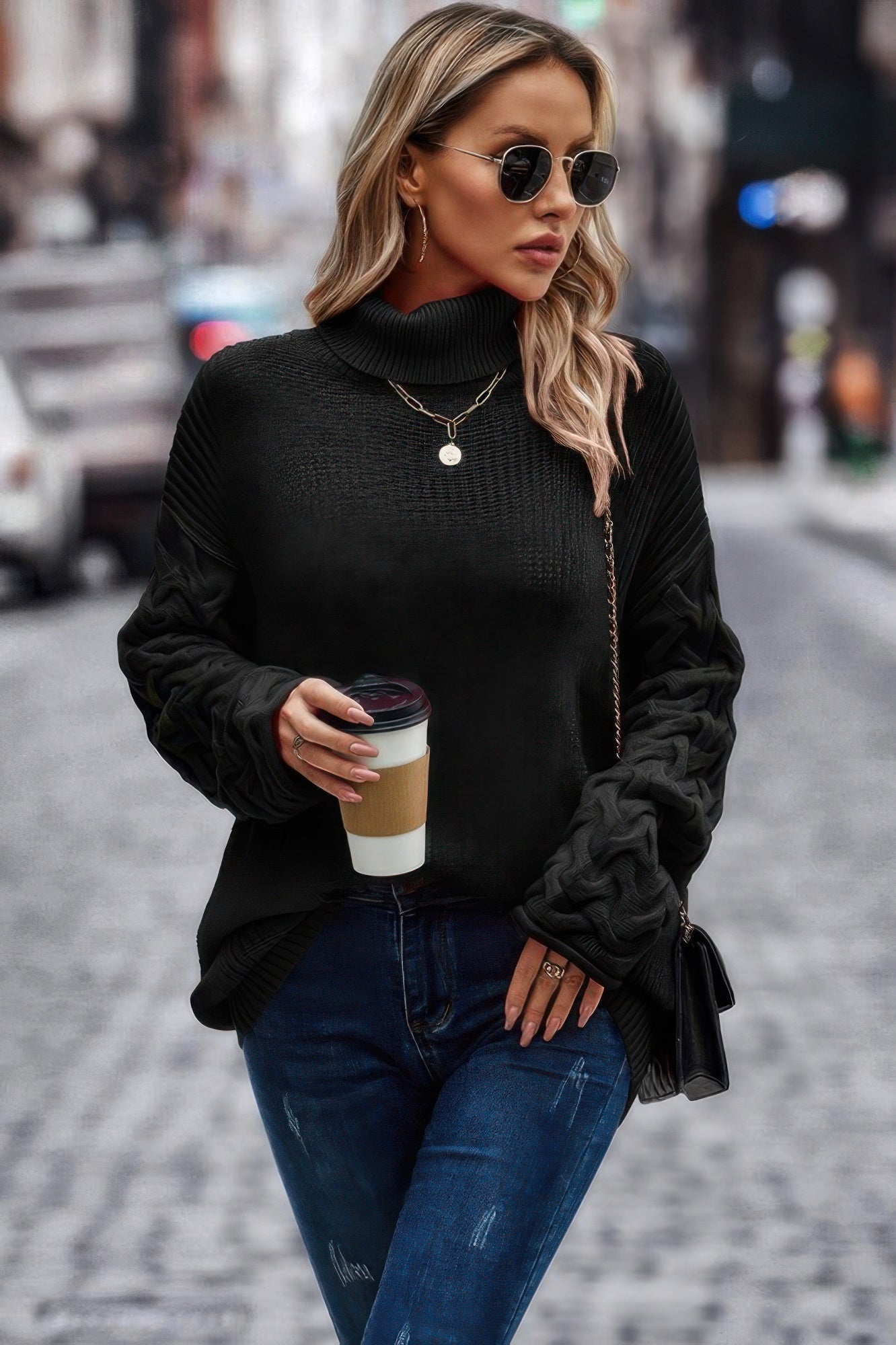 Solid Knit Long Sleeve Turtleneck Loose Sweater - Wear Arielle