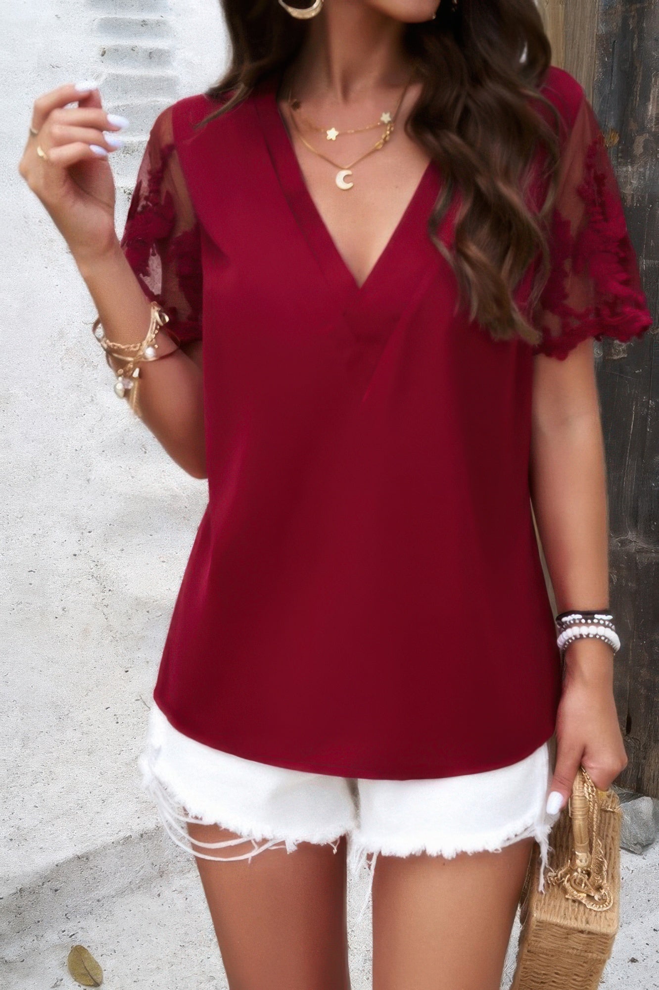 Solid Lace Floral V Neck Short Sleeve Shirt - Wear Arielle