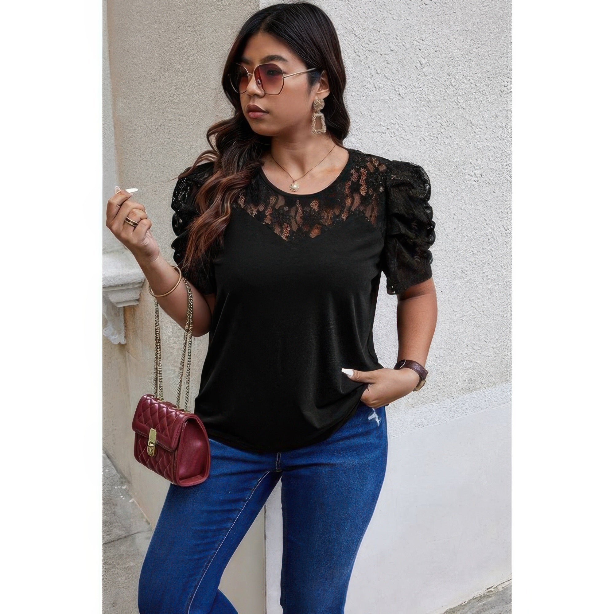 Solid Lace Ruffle Sleeve Hollow Out Elegant Shirt - Wear Arielle