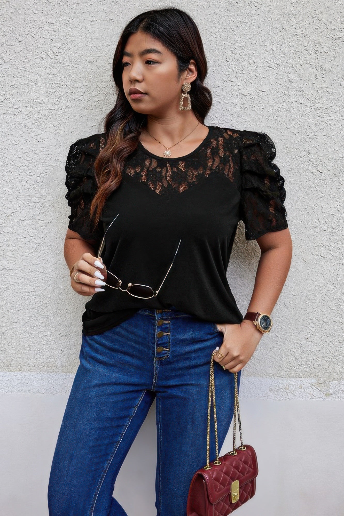 Solid Lace Ruffle Sleeve Hollow Out Elegant Shirt - Wear Arielle