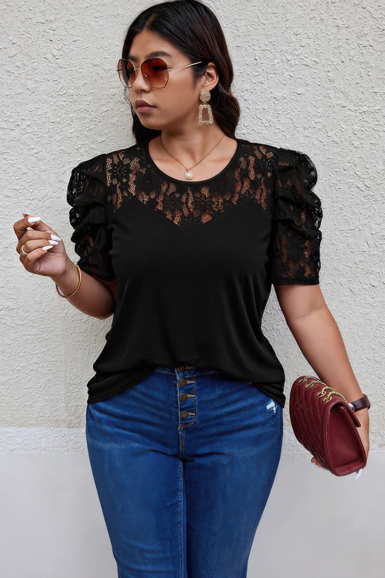 Solid Lace Ruffle Sleeve Hollow Out Elegant Shirt - Wear Arielle