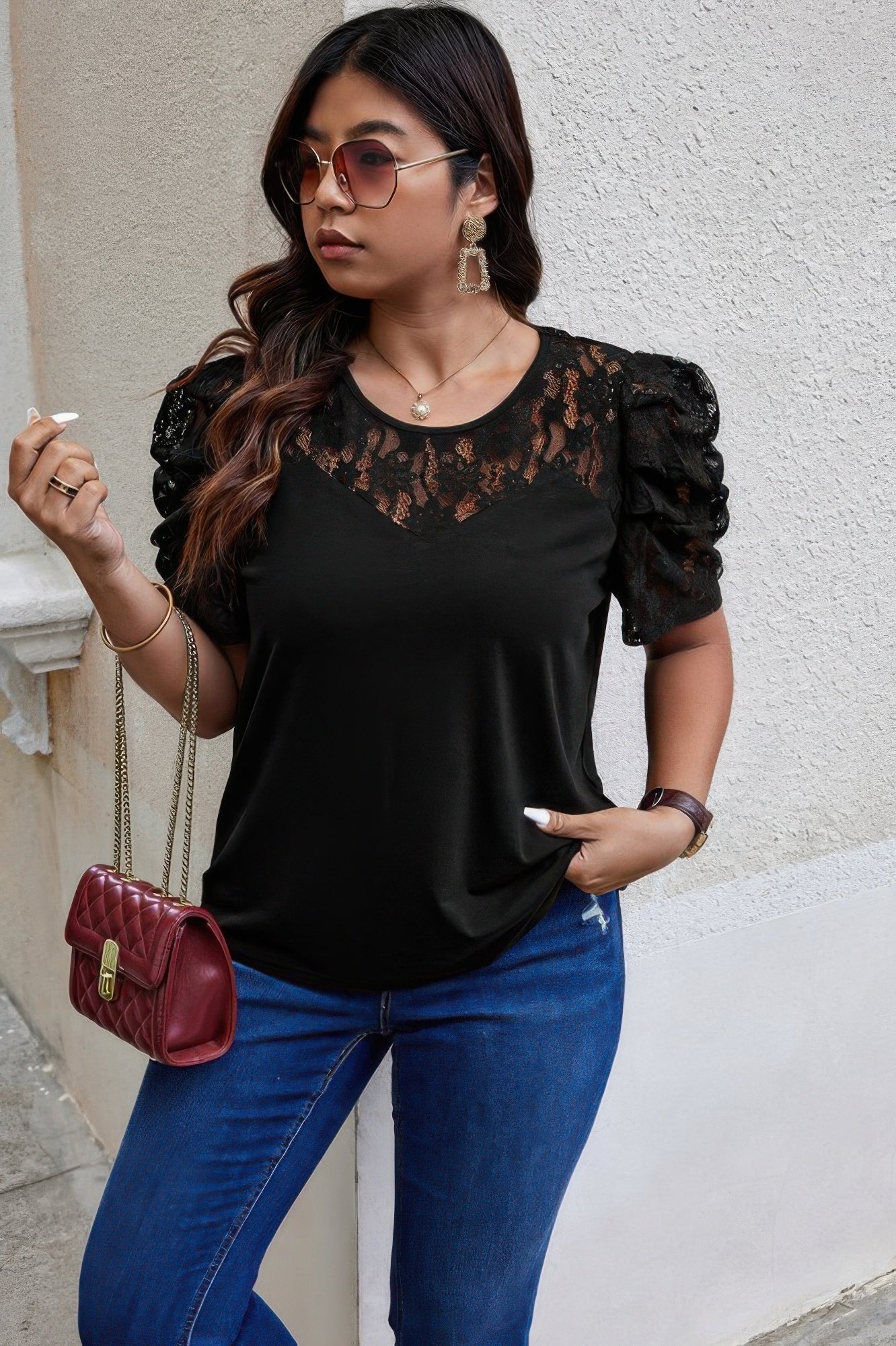 Solid Lace Ruffle Sleeve Hollow Out Elegant Shirt - Wear Arielle