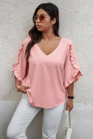 Solid Plus V Neck Ruffle Trim Petal Sleeve Blouse - Wear Arielle