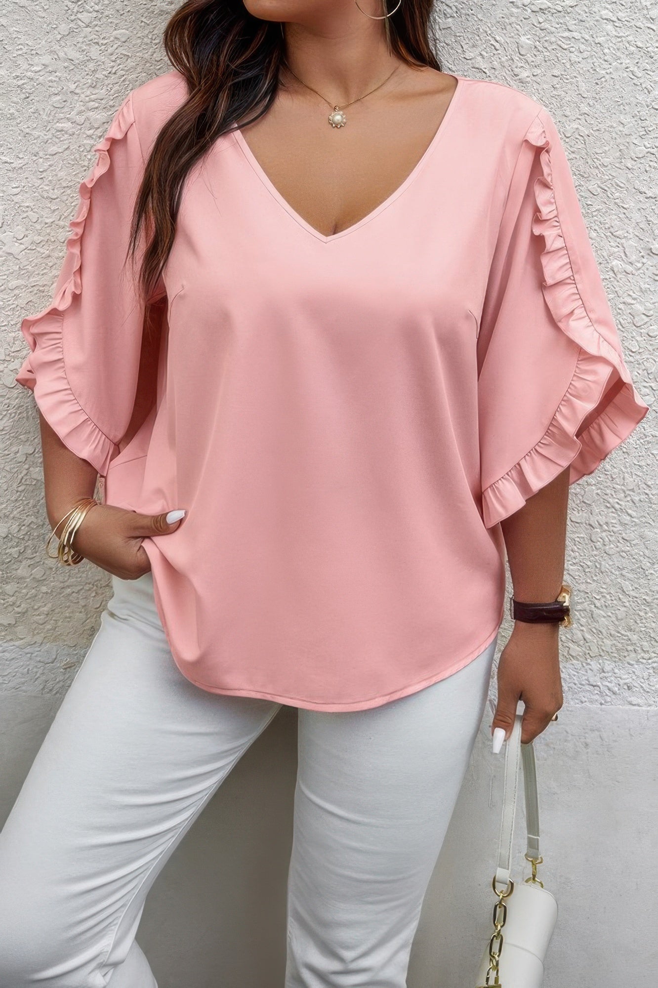 Solid Plus V Neck Ruffle Trim Petal Sleeve Blouse - Wear Arielle