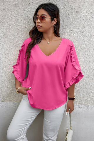 Solid Plus V Neck Ruffle Trim Petal Sleeve Blouse - Wear Arielle