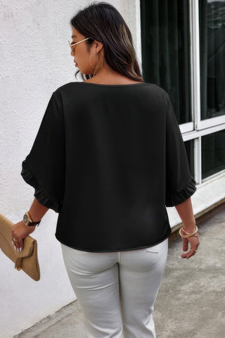 Solid Plus V Neck Ruffle Trim Petal Sleeve Blouse - Wear Arielle