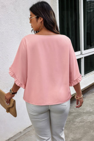 Solid Plus V Neck Ruffle Trim Petal Sleeve Blouse - Wear Arielle