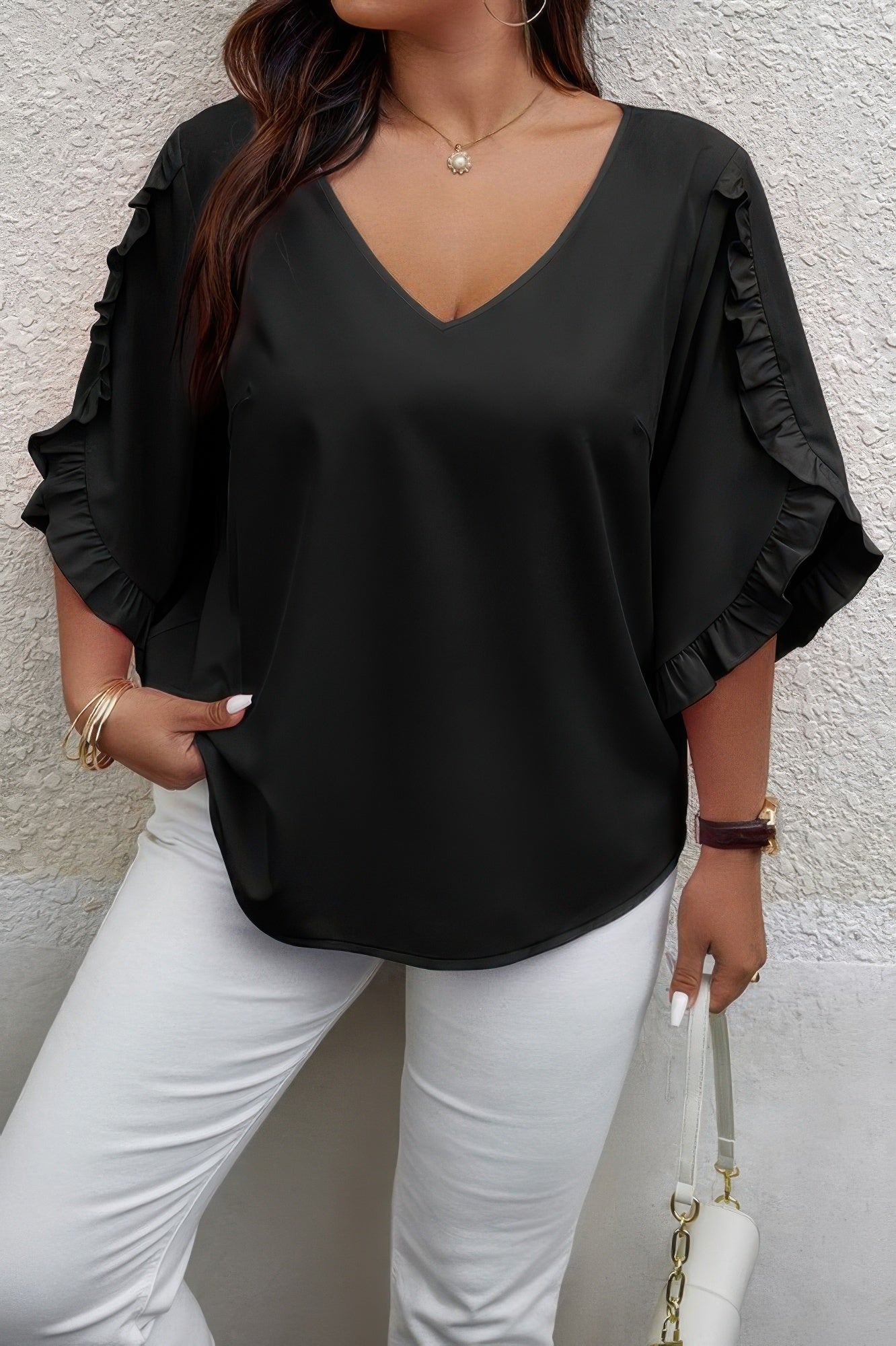 Solid Plus V Neck Ruffle Trim Petal Sleeve Blouse - Wear Arielle