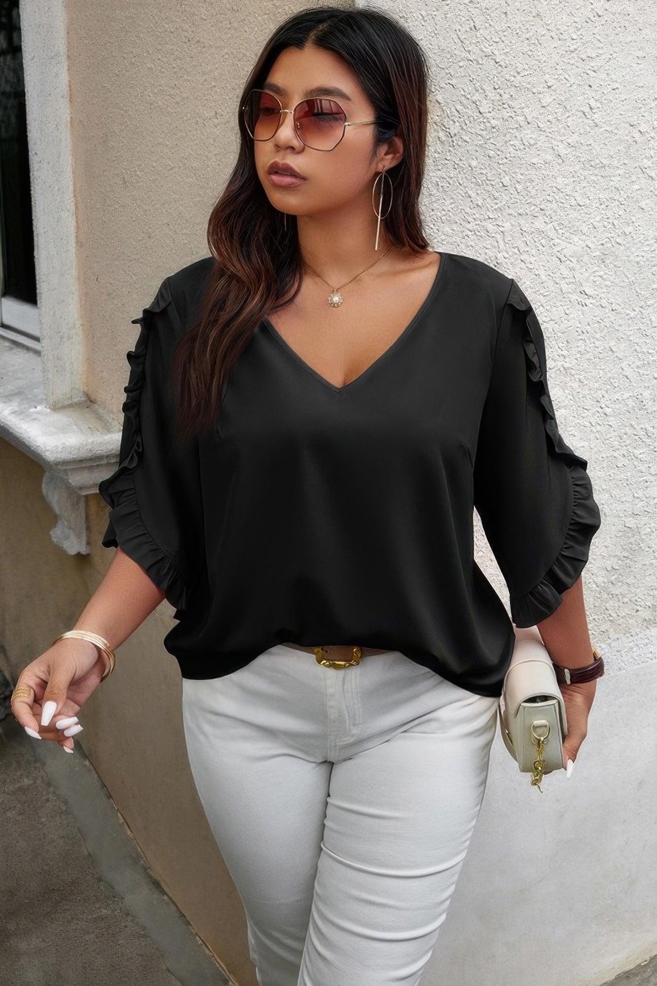 Solid Plus V Neck Ruffle Trim Petal Sleeve Blouse - Wear Arielle