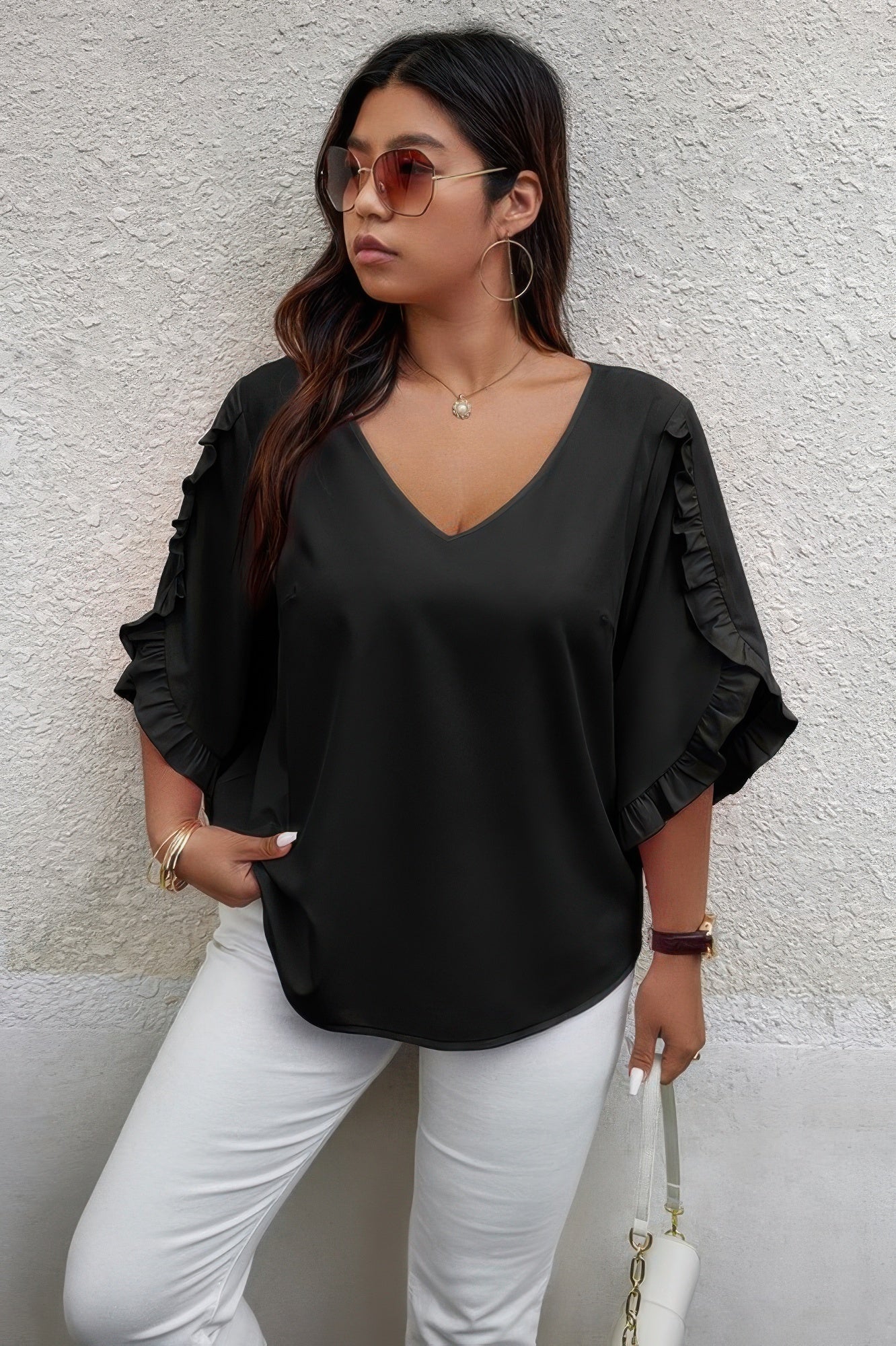 Solid Plus V Neck Ruffle Trim Petal Sleeve Blouse - Wear Arielle