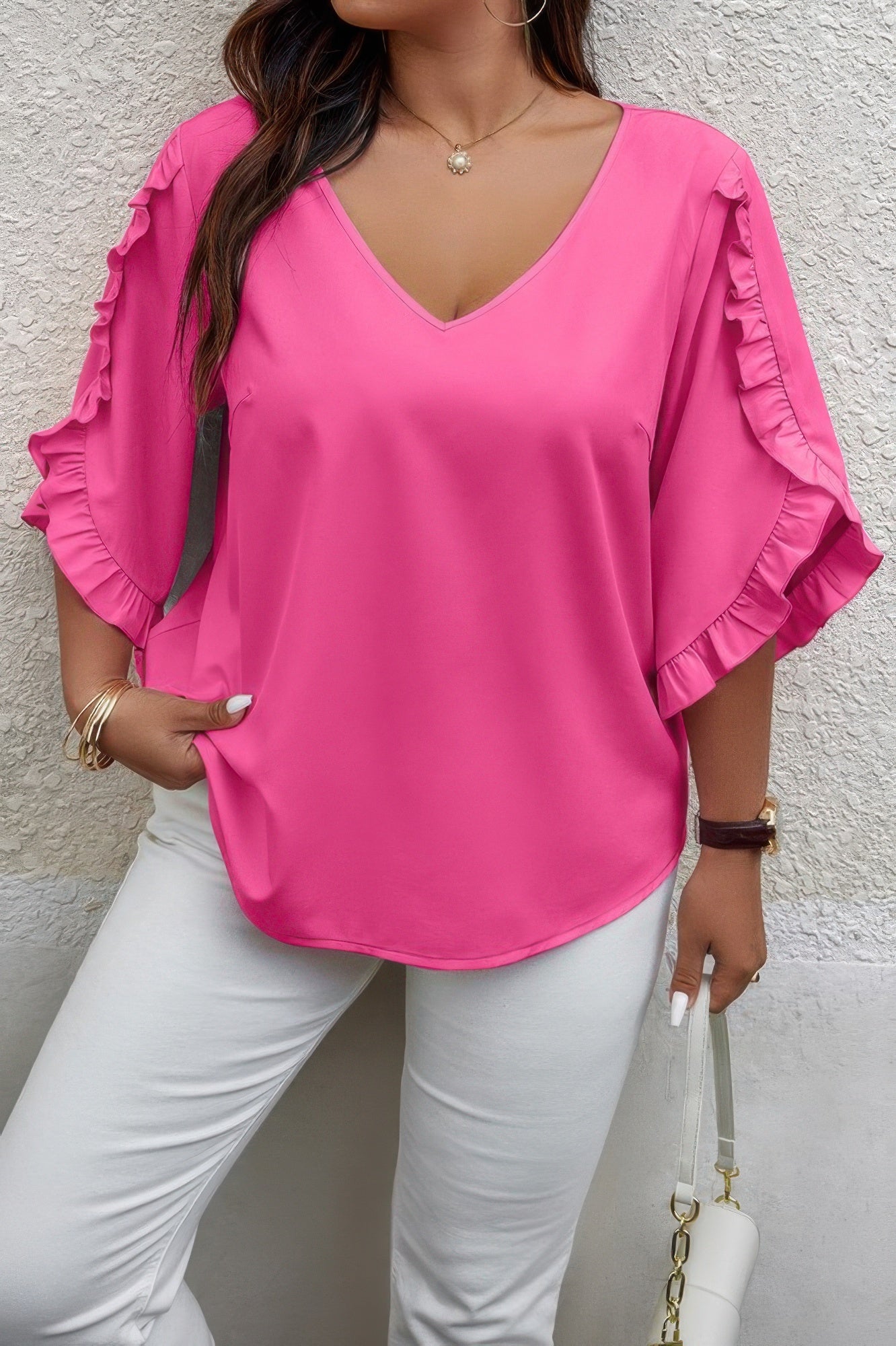 Solid Plus V Neck Ruffle Trim Petal Sleeve Blouse - Wear Arielle