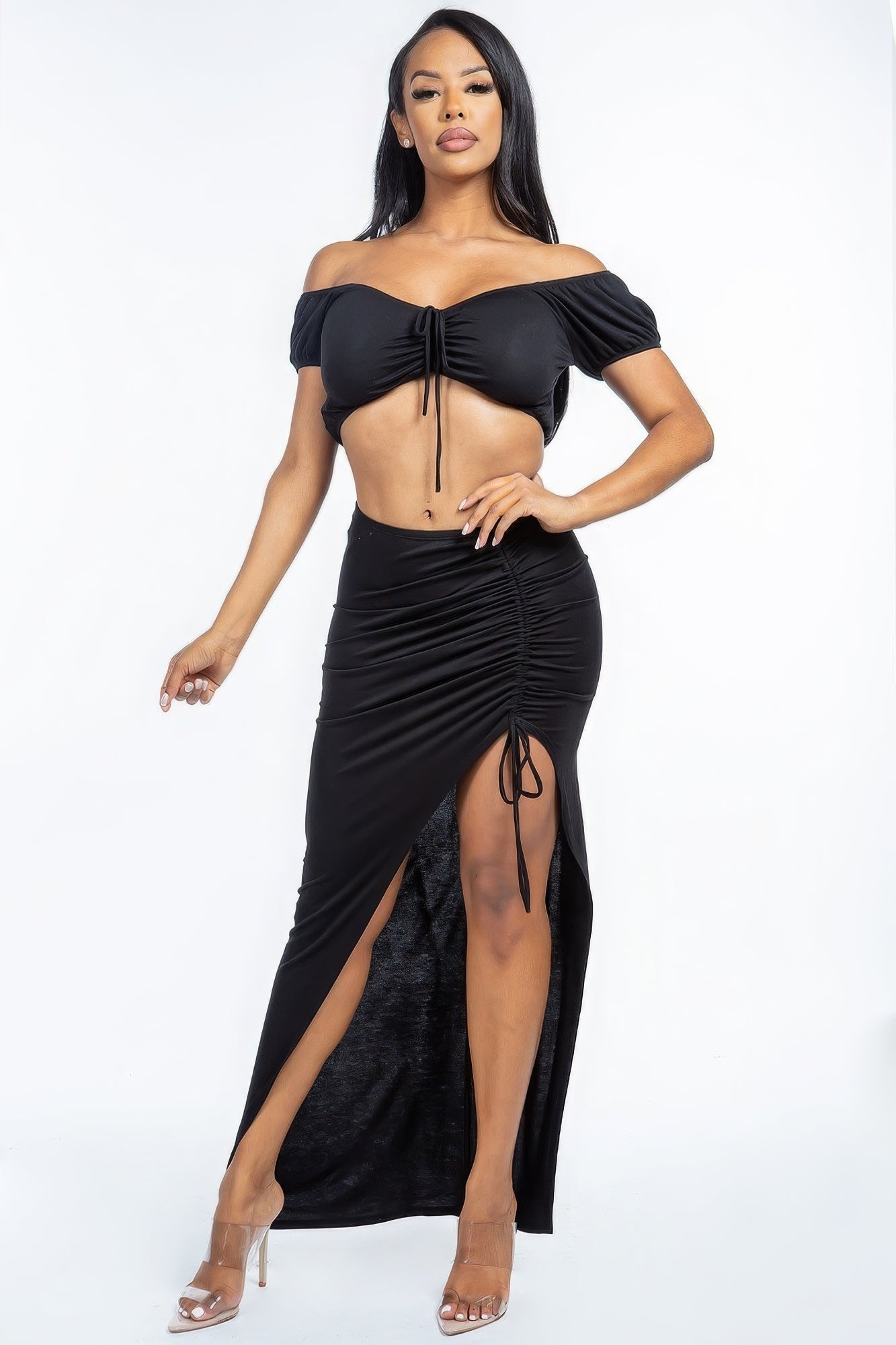 Solid Ruched Front Off The Shoulder Short Sleeve Cropped Top And Side Ruched Asymmetrical Skirt Two Piece Set - Wear Arielle