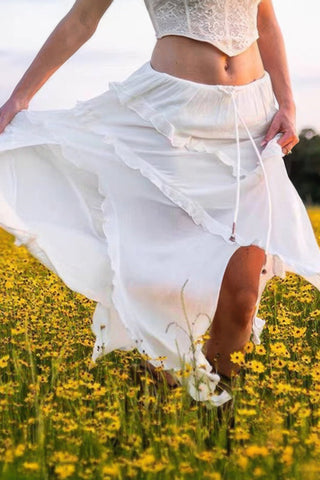 Solid Ruffle Drawstring Waist Asymmetry Hem Skirt - Wear Arielle