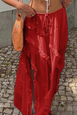 Solid Ruffle Drawstring Waist Asymmetry Hem Skirt - Wear Arielle