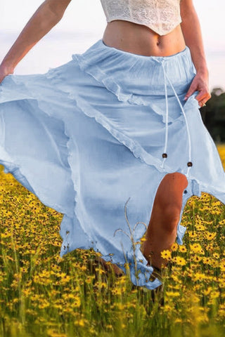 Solid Ruffle Drawstring Waist Asymmetry Hem Skirt - Wear Arielle