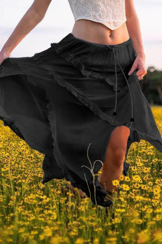 Solid Ruffle Drawstring Waist Asymmetry Hem Skirt - Wear Arielle