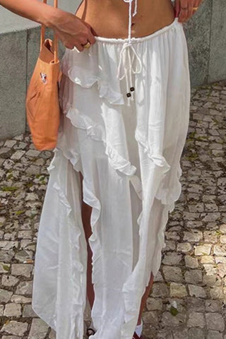 Solid Ruffle Drawstring Waist Asymmetry Hem Skirt - Wear Arielle