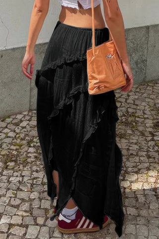 Solid Ruffle Drawstring Waist Asymmetry Hem Skirt - Wear Arielle