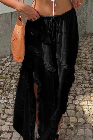 Solid Ruffle Drawstring Waist Asymmetry Hem Skirt - Wear Arielle