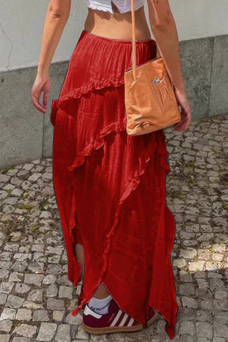 Solid Ruffle Drawstring Waist Asymmetry Hem Skirt - Wear Arielle