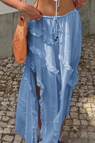 Solid Ruffle Drawstring Waist Asymmetry Hem Skirt - Wear Arielle