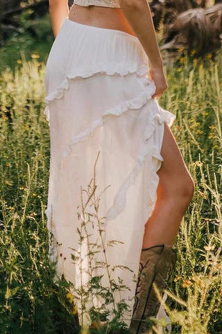 Solid Ruffle Drawstring Waist Asymmetry Hem Skirt - Wear Arielle