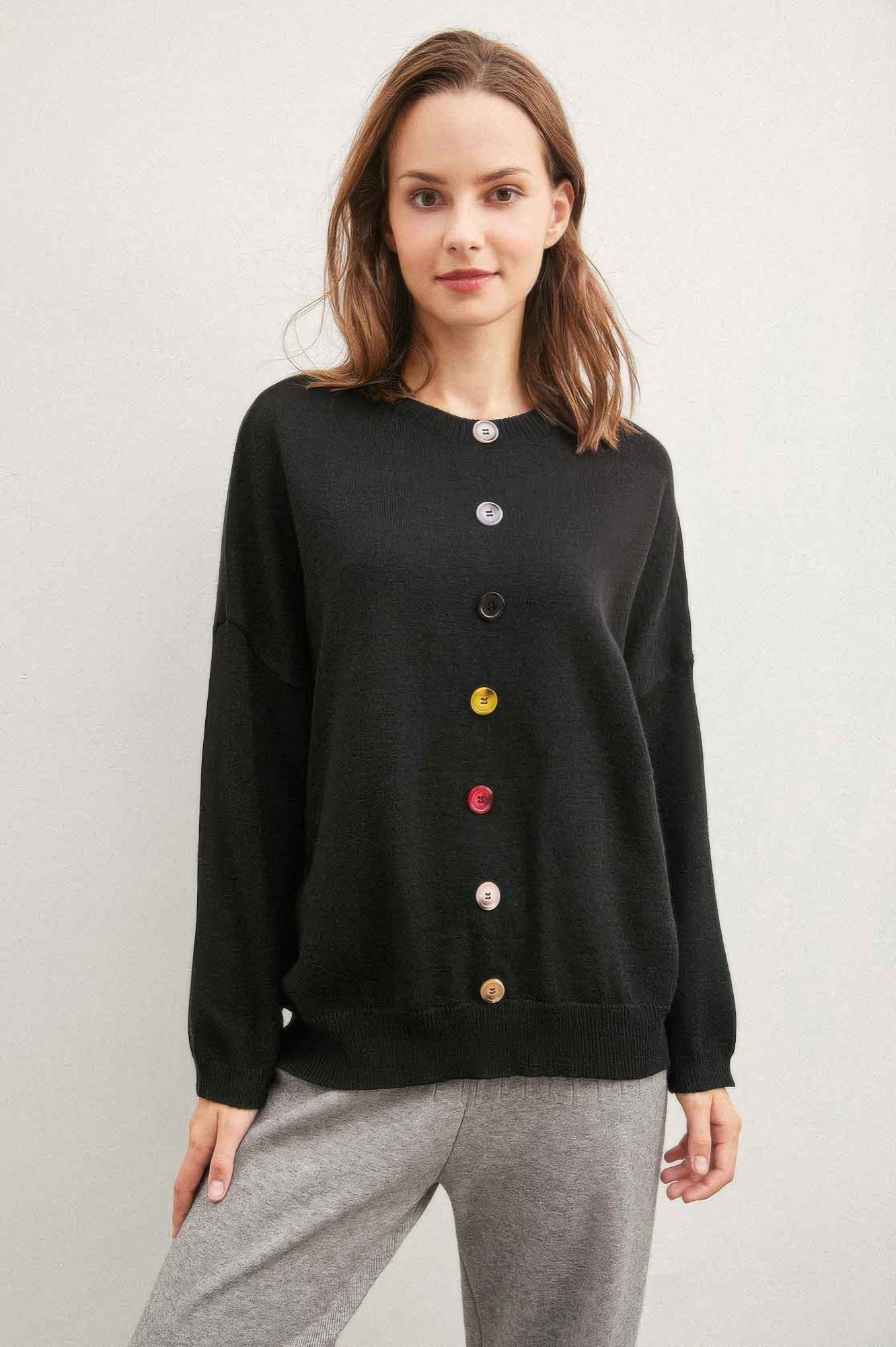 Solid Sweater With Colorful Buttons - Wear Arielle