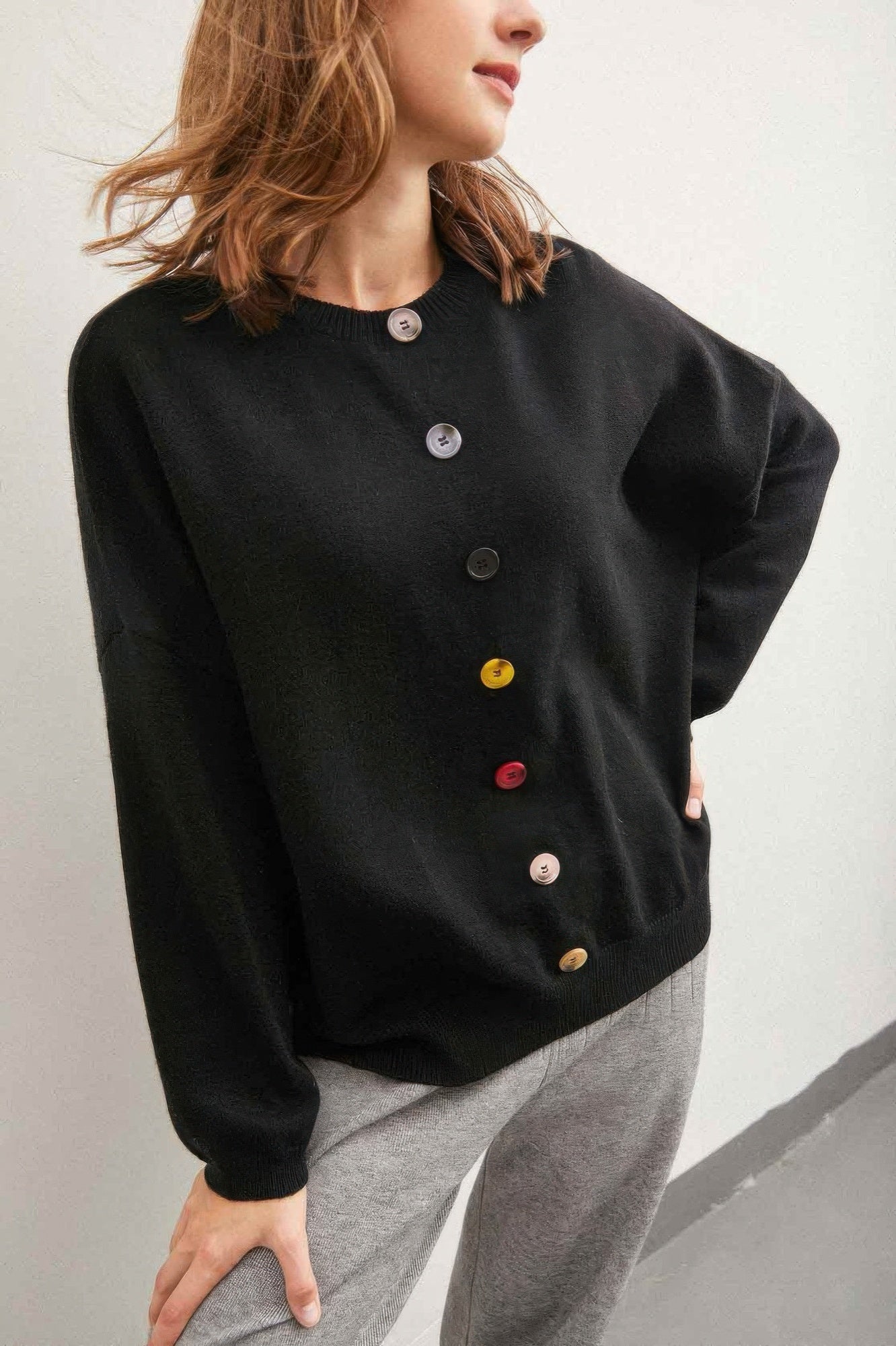 Solid Sweater With Colorful Buttons - Wear Arielle