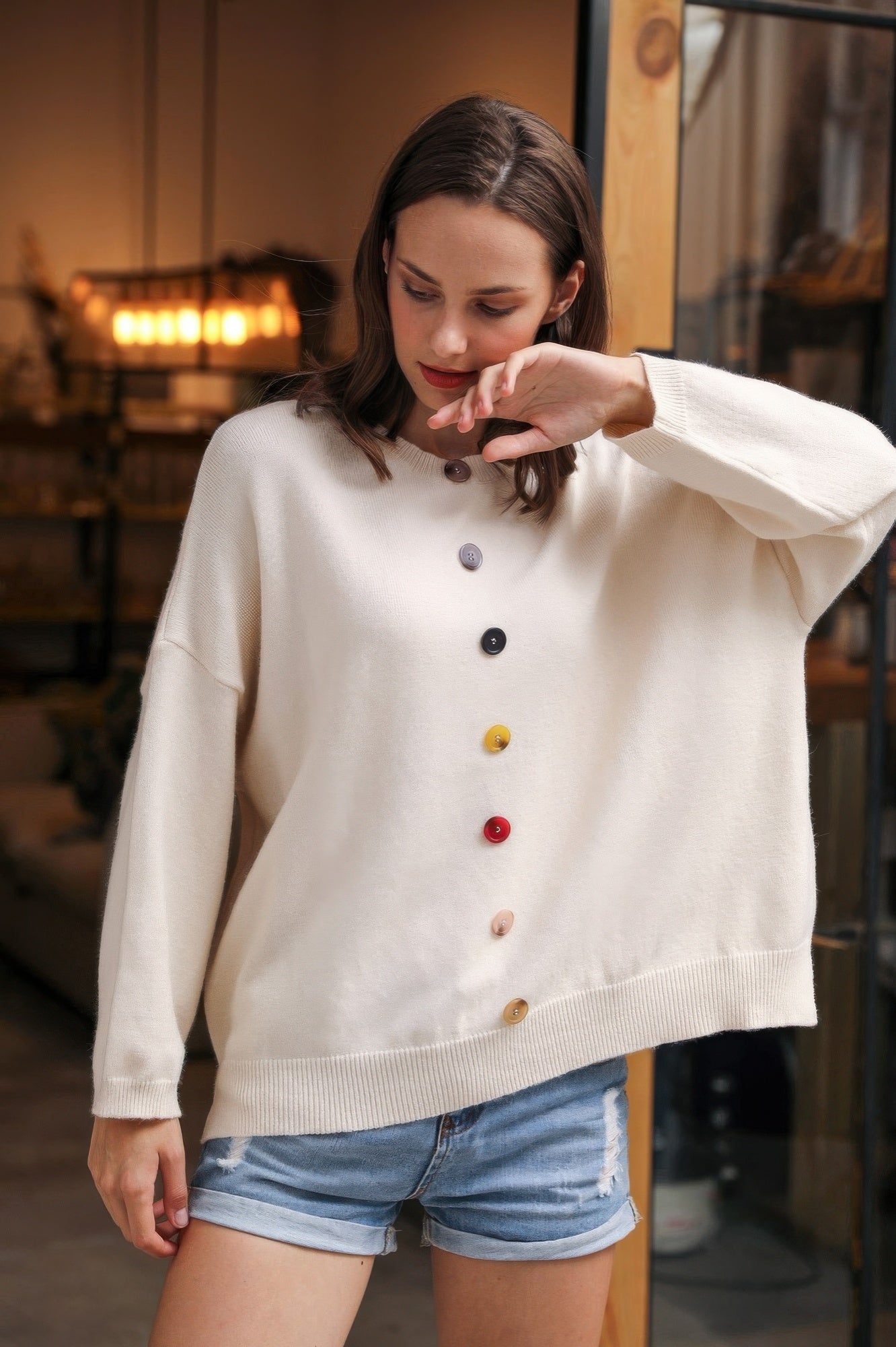 Solid Sweater With Colorful Buttons - Wear Arielle