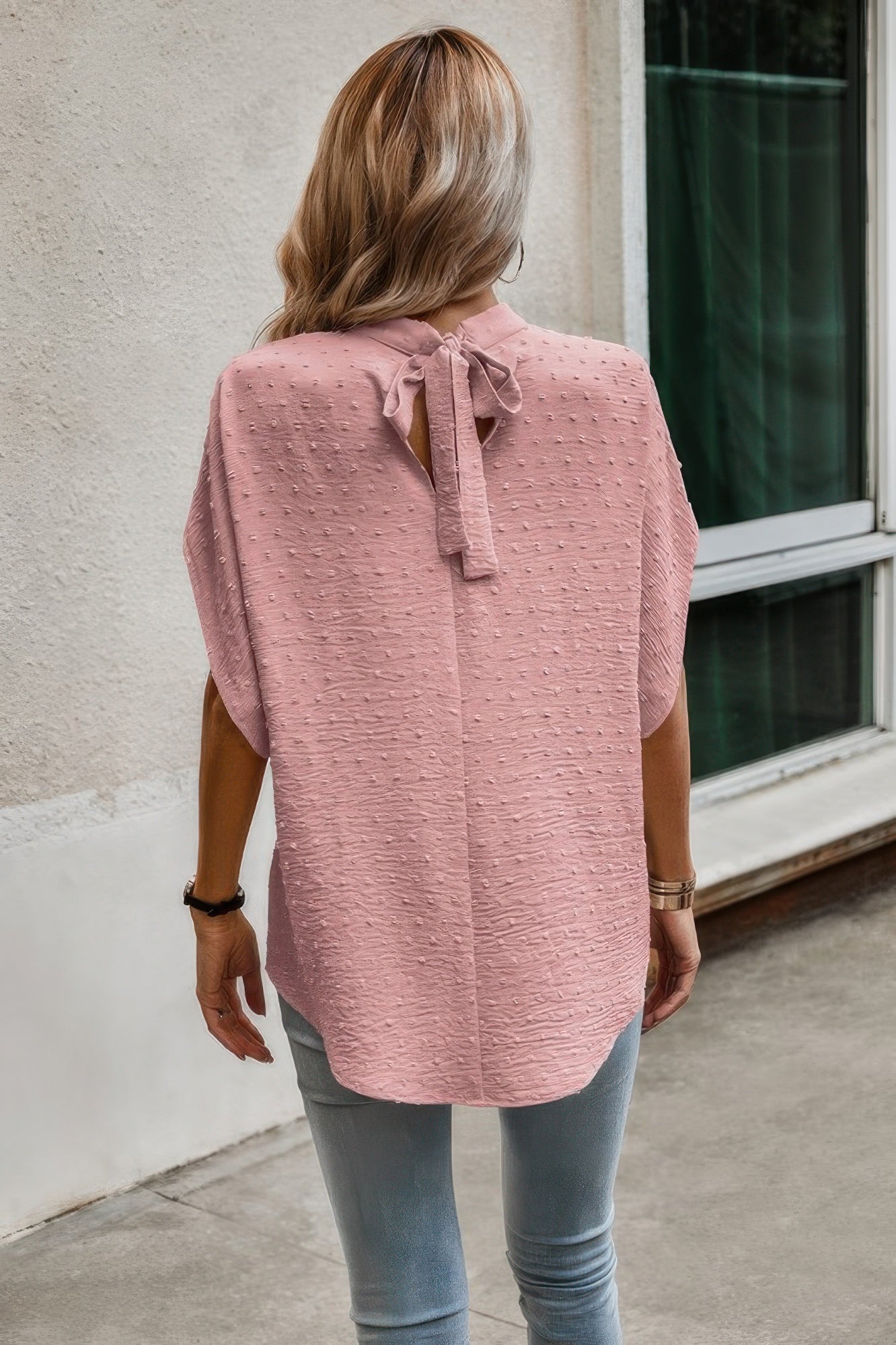 Solid Swiss Dot Mock Neck Drop Shoulder Blouse - Wear Arielle