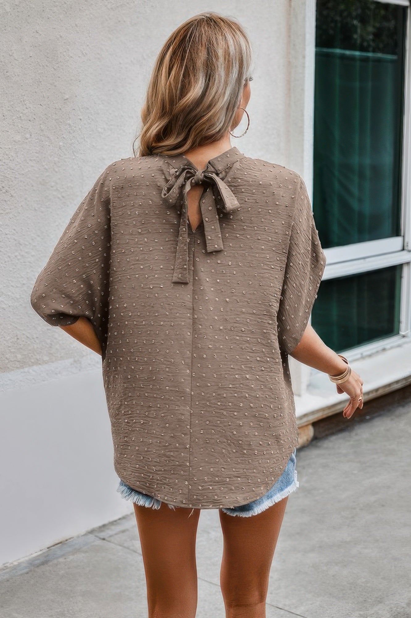 Solid Swiss Dot Mock Neck Drop Shoulder Blouse - Wear Arielle