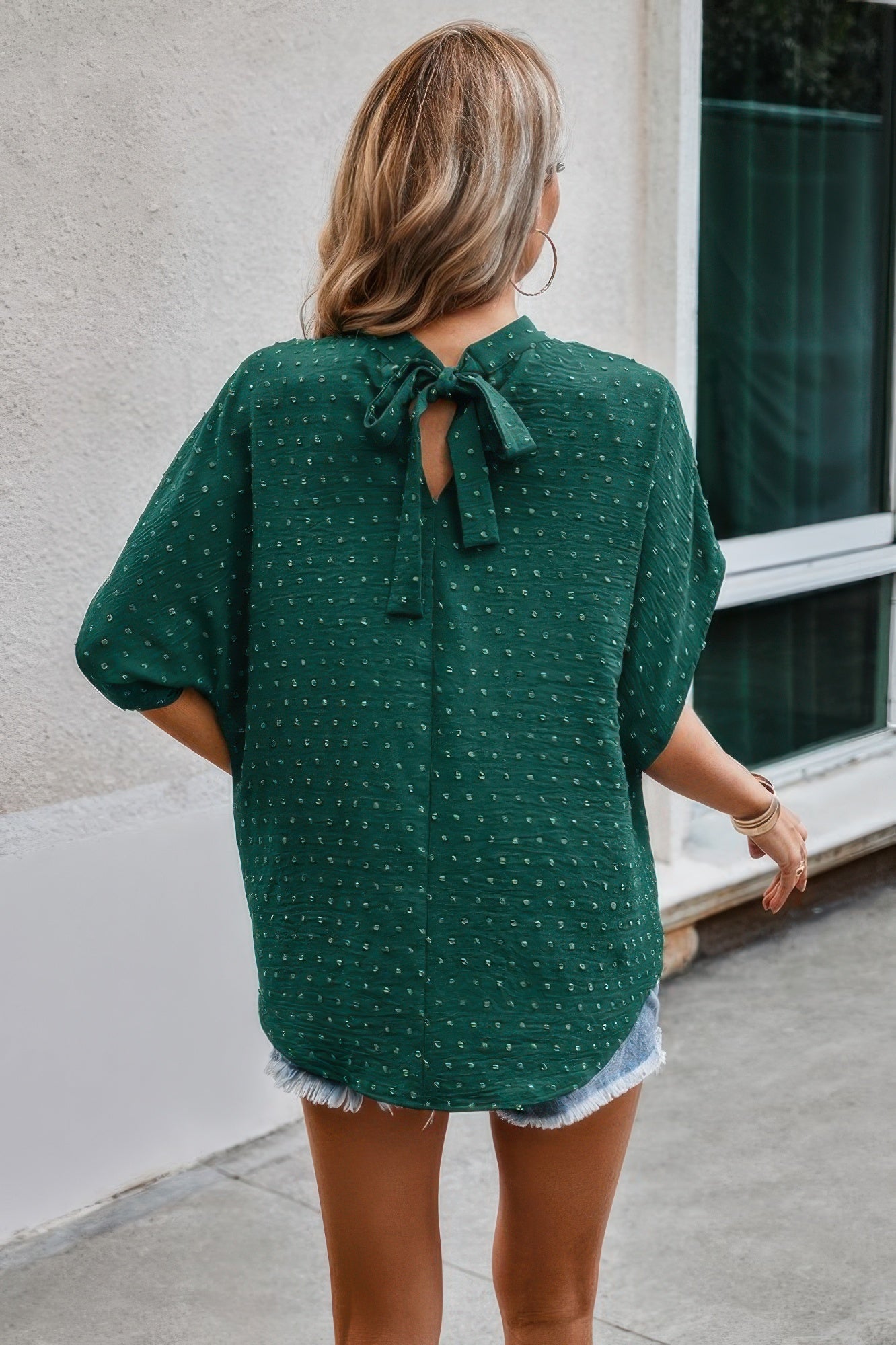 Solid Swiss Dot Mock Neck Drop Shoulder Blouse - Wear Arielle