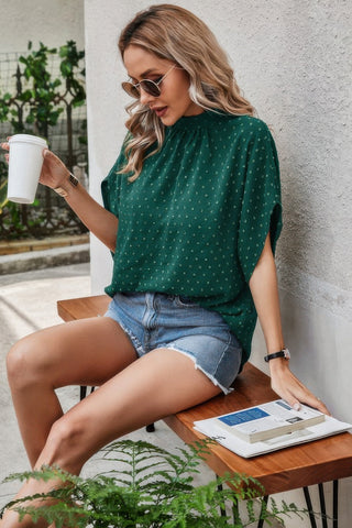 Solid Swiss Dot Mock Neck Drop Shoulder Blouse - Wear Arielle