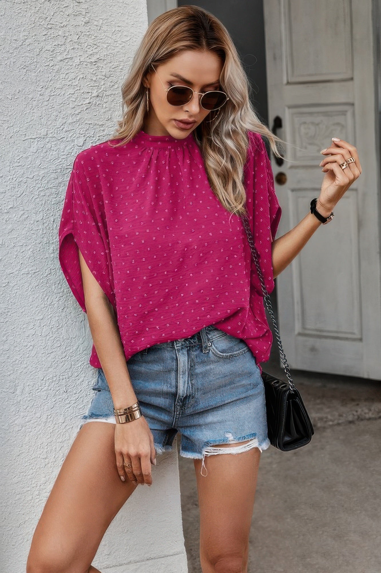 Solid Swiss Dot Mock Neck Drop Shoulder Blouse - Wear Arielle