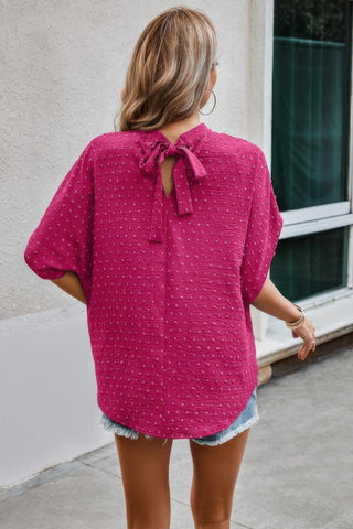 Solid Swiss Dot Mock Neck Drop Shoulder Blouse - Wear Arielle