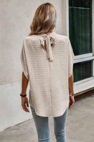 Solid Swiss Dot Mock Neck Drop Shoulder Blouse - Wear Arielle