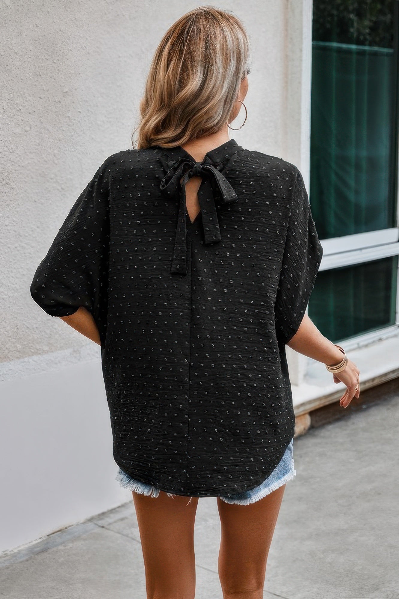 Solid Swiss Dot Mock Neck Drop Shoulder Blouse - Wear Arielle