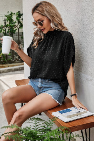 Solid Swiss Dot Mock Neck Drop Shoulder Blouse - Wear Arielle