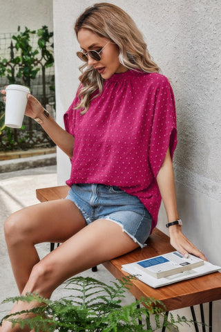 Solid Swiss Dot Mock Neck Drop Shoulder Blouse - Wear Arielle