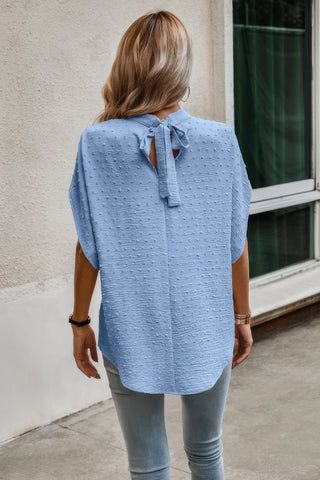 Solid Swiss Dot Mock Neck Drop Shoulder Blouse - Wear Arielle