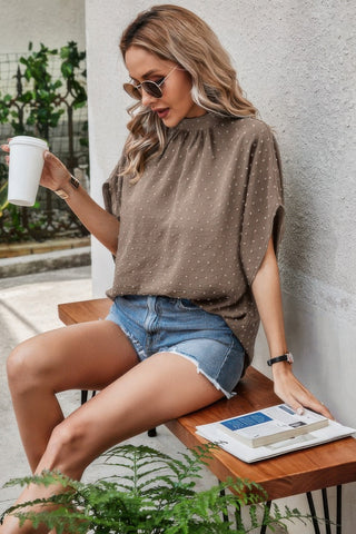 Solid Swiss Dot Mock Neck Drop Shoulder Blouse - Wear Arielle