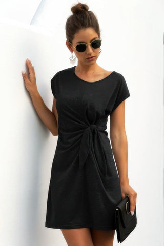 Solid Twist Knot Front Short Sleeve Tee Fit Dress - Wear Arielle