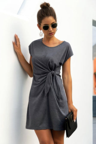 Solid Twist Knot Front Short Sleeve Tee Fit Dress - Wear Arielle