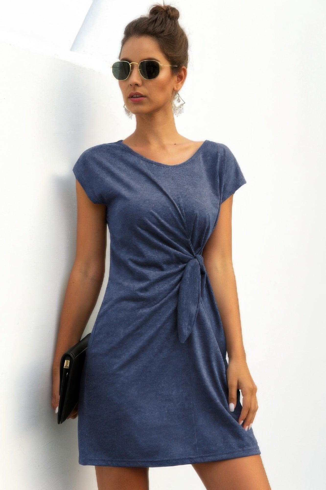 Solid Twist Knot Front Short Sleeve Tee Fit Dress - Wear Arielle