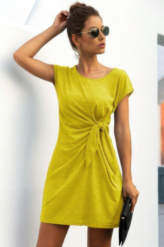Solid Twist Knot Front Short Sleeve Tee Fit Dress - Wear Arielle