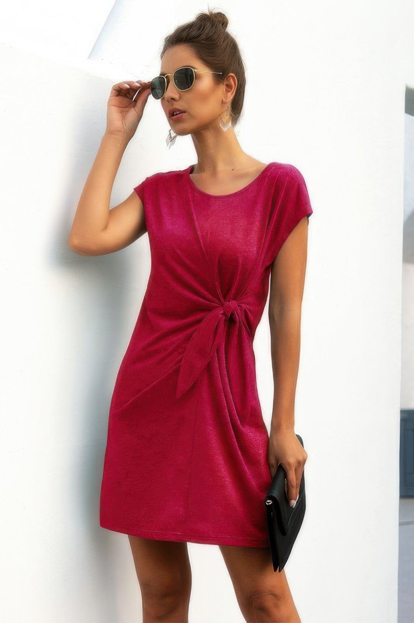 Solid Twist Knot Front Short Sleeve Tee Fit Dress - Wear Arielle