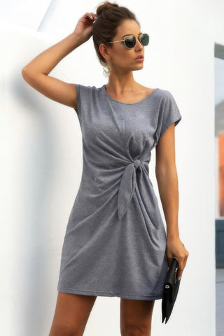 Solid Twist Knot Front Short Sleeve Tee Fit Dress - Wear Arielle