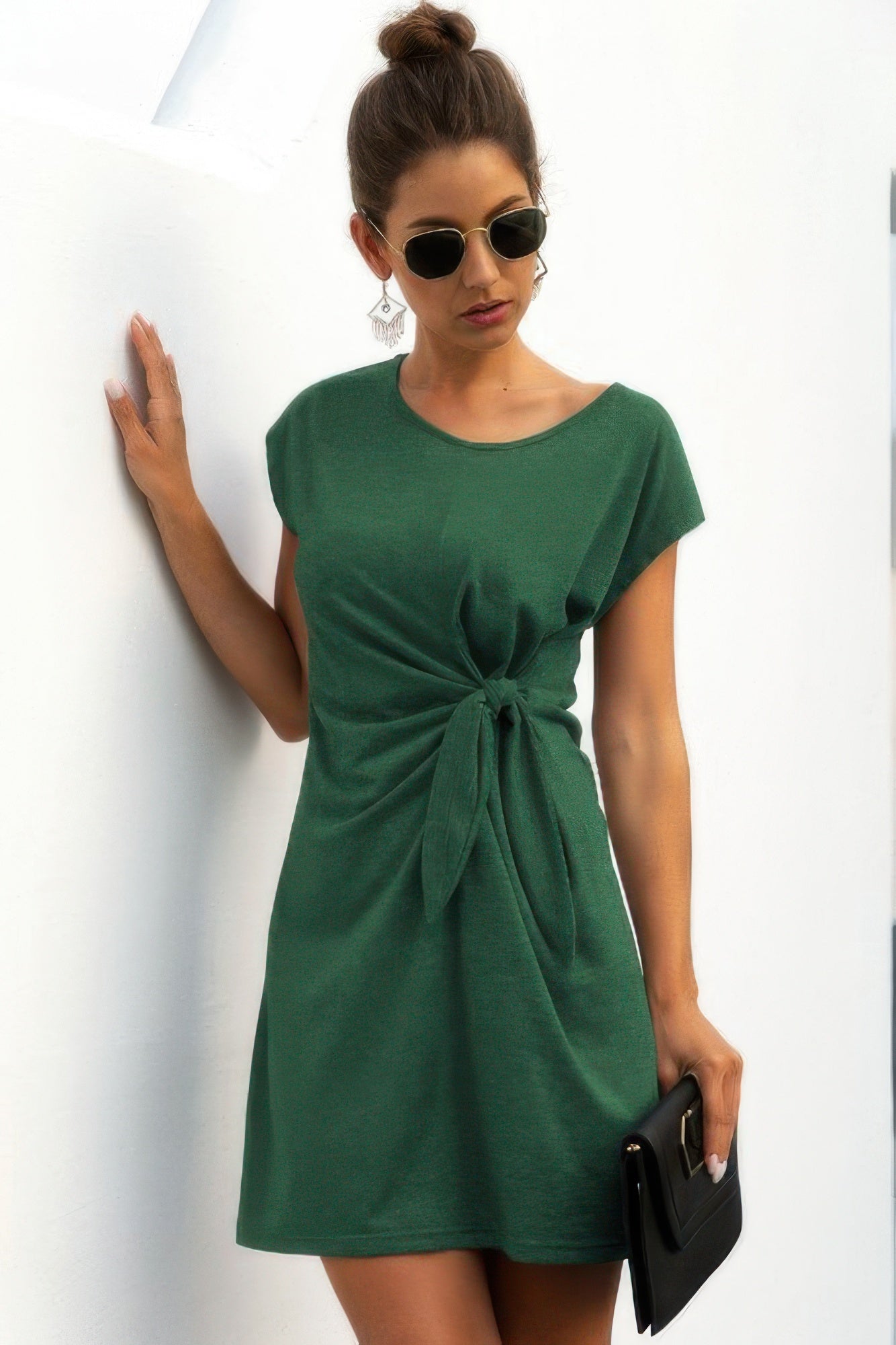 Solid Twist Knot Front Short Sleeve Tee Fit Dress - Wear Arielle